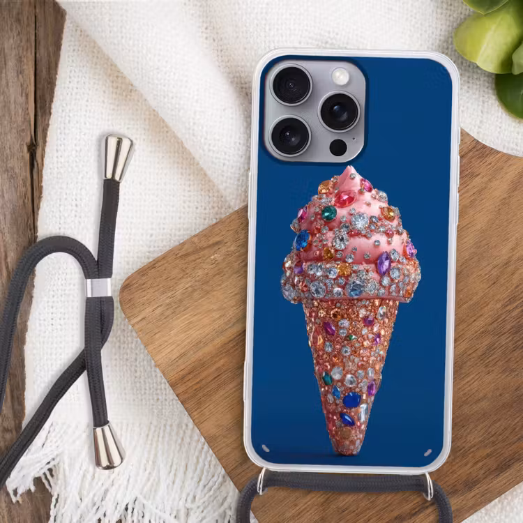 Ijsje - Hoorntje - Steentjes - Blauw Hoesje iPhone 16 Pro Max met koord klein -sfeer4