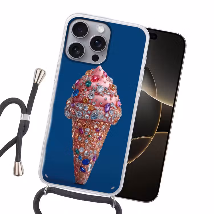 Ijsje - Hoorntje - Steentjes - Blauw Hoesje iPhone 16 Pro Max met koord klein -sfeer1
