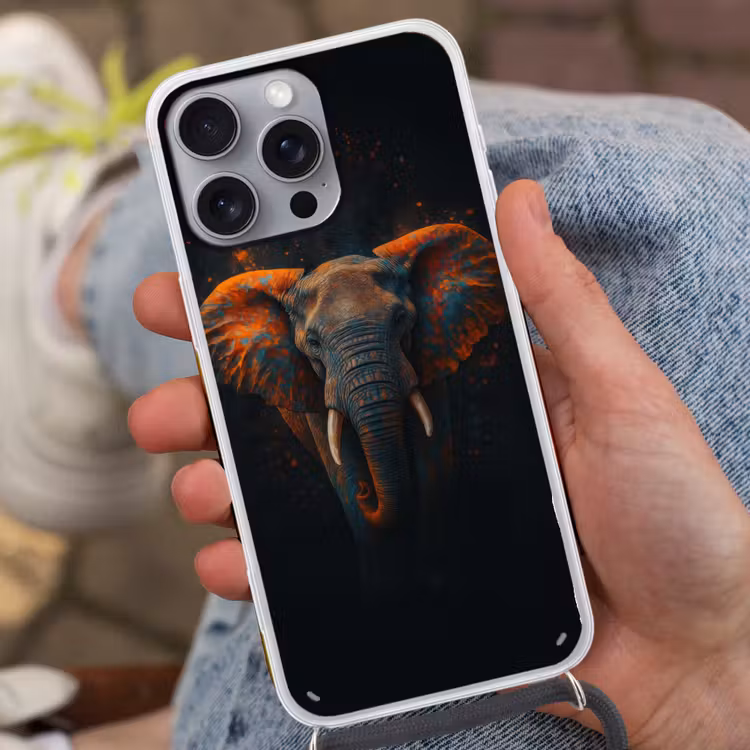 Olifant - Oranje - Oren Hoesje iPhone 16 Pro Max met koord klein -sfeer3
