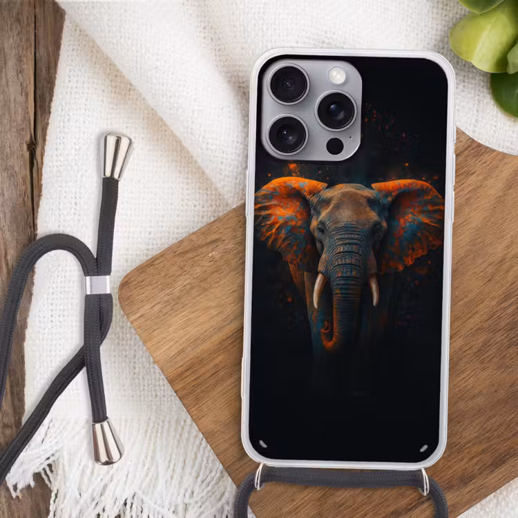 Olifant - Oranje - Oren Hoesje iPhone 16 Pro Max met koord klein -sfeer4