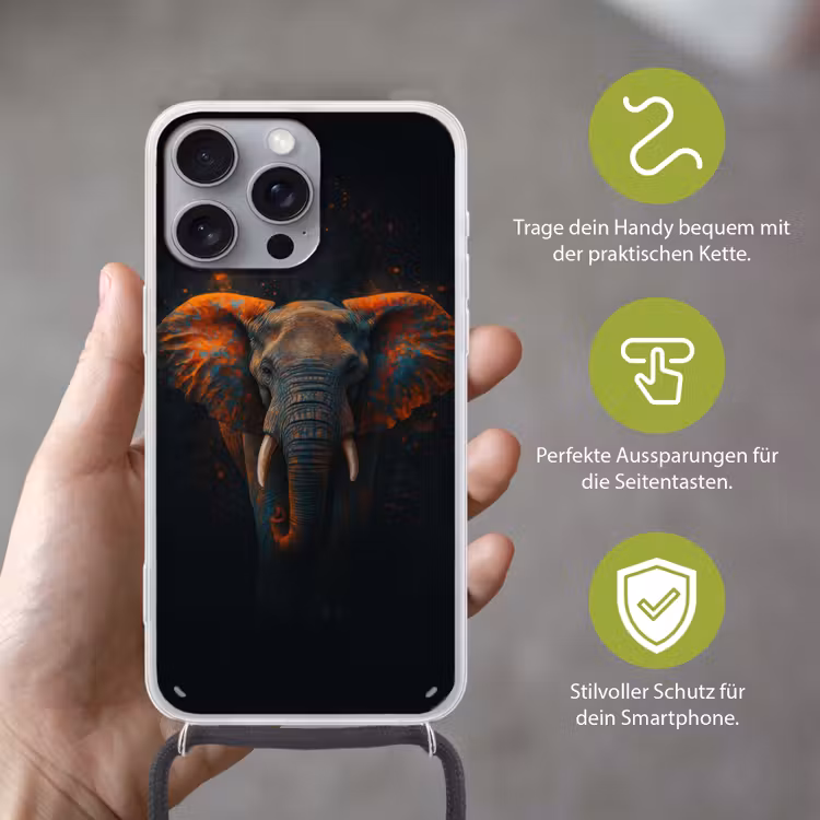 Olifant - Oranje - Oren Hoesje iPhone 16 Pro Max met koord klein -sfeer2_DE