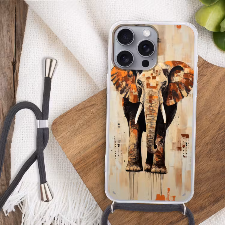 Olifant - Slurf - Mozaïek - Abstract Hoesje iPhone 16 Pro Max met koord klein -sfeer4