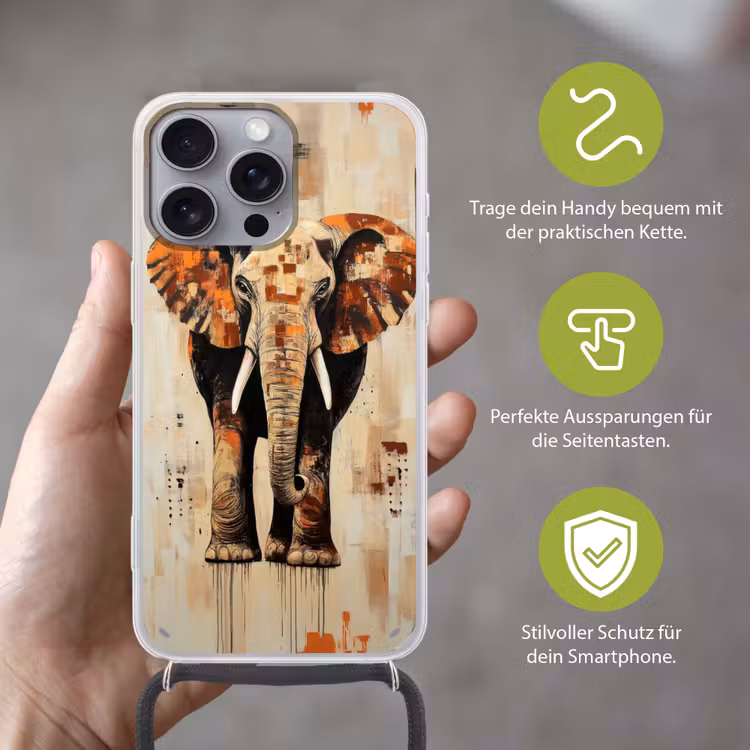 Olifant - Slurf - Mozaïek - Abstract Hoesje iPhone 16 Pro Max met koord klein -sfeer2_DE
