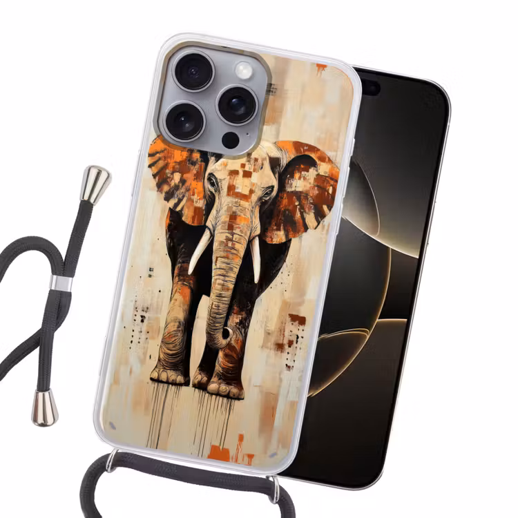 Olifant - Slurf - Mozaïek - Abstract Hoesje iPhone 16 Pro Max met koord klein -sfeer1