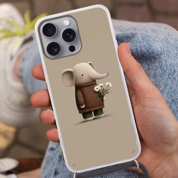 Olifant - Witte bloemen - Kindvriendelijk Hoesje iPhone 16 Pro Max met koord klein -sfeer3