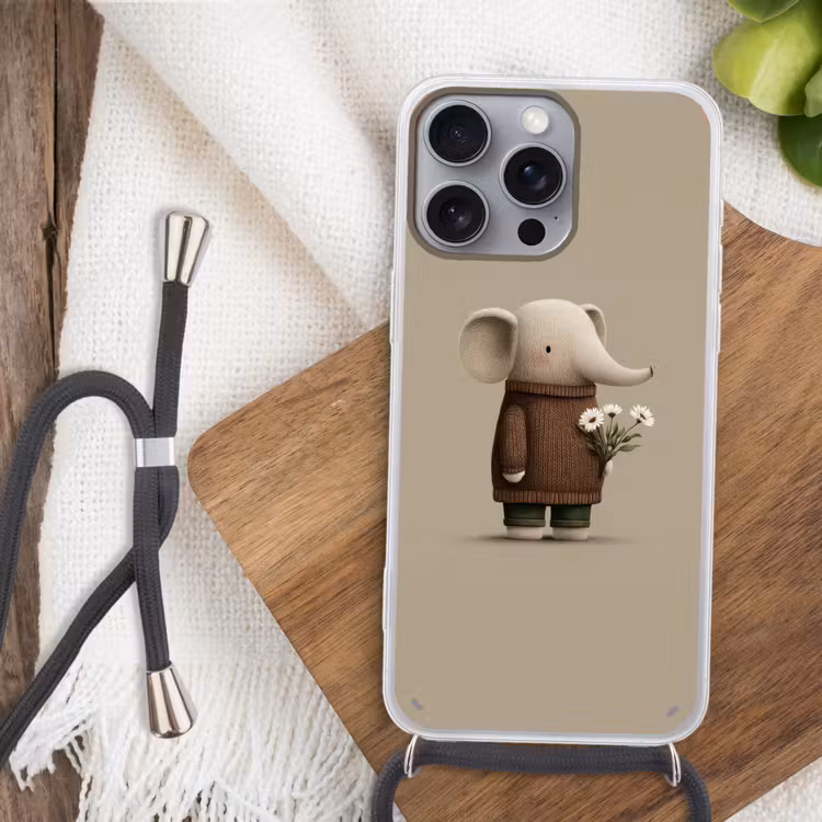 Olifant - Witte bloemen - Kindvriendelijk Hoesje iPhone 16 Pro Max met koord klein -sfeer4