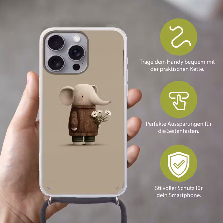 Olifant - Witte bloemen - Kindvriendelijk Hoesje iPhone 16 Pro Max met koord klein -sfeer2_DE