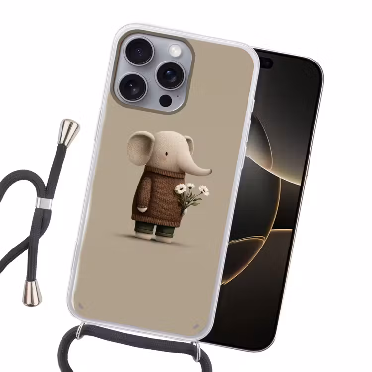 Olifant - Witte bloemen - Kindvriendelijk Hoesje iPhone 16 Pro Max met koord klein -sfeer1