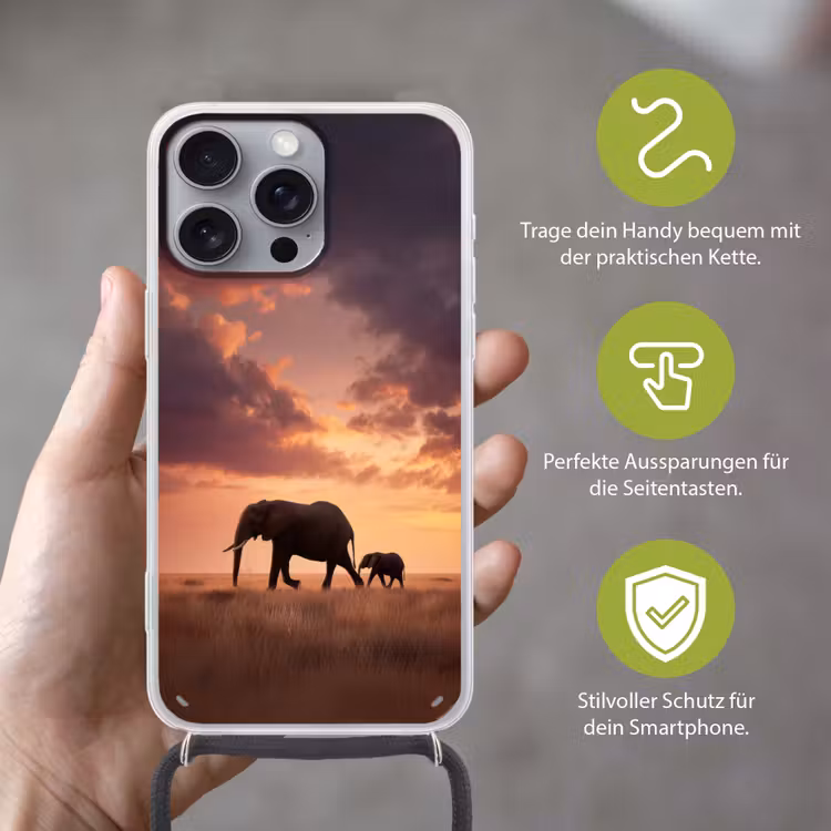 Olifanten - Grasland - Zonsondergang Hoesje iPhone 16 Pro Max met koord klein -sfeer2_DE