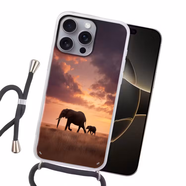 Olifanten - Grasland - Zonsondergang Hoesje iPhone 16 Pro Max met koord klein -sfeer1
