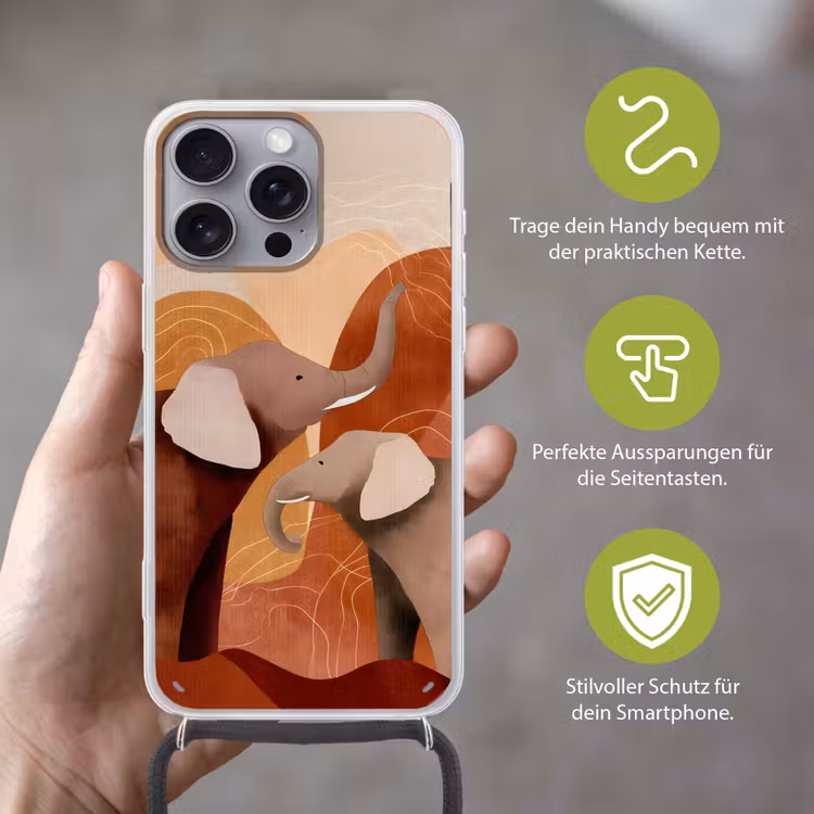 Olifanten - Oranje - Abstract Hoesje iPhone 16 Pro Max met koord klein -sfeer2_DE