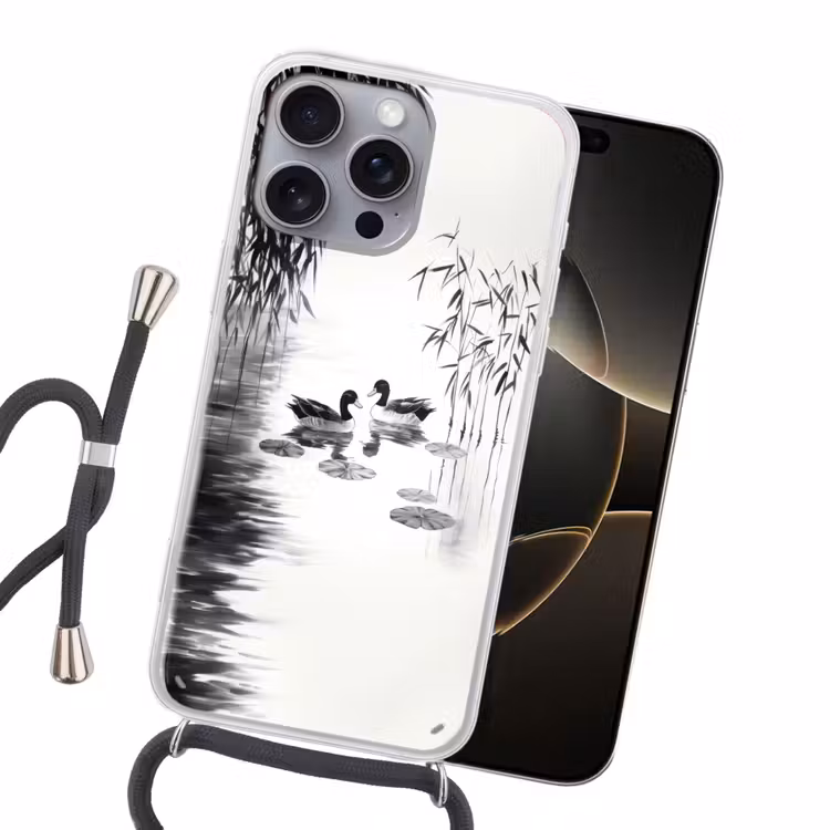 Eenden - Waterlelies - Riet - Zwart Hoesje iPhone 16 Pro Max met koord klein -sfeer1