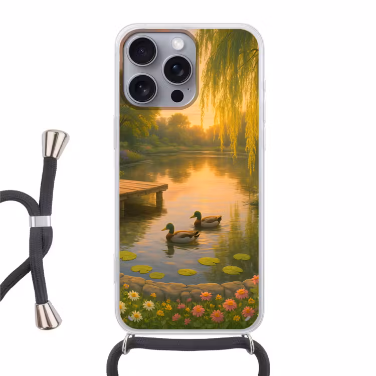 Eenden - Vijver - Bloemen Hoesje iPhone 16 Pro Max met koord klein -3d