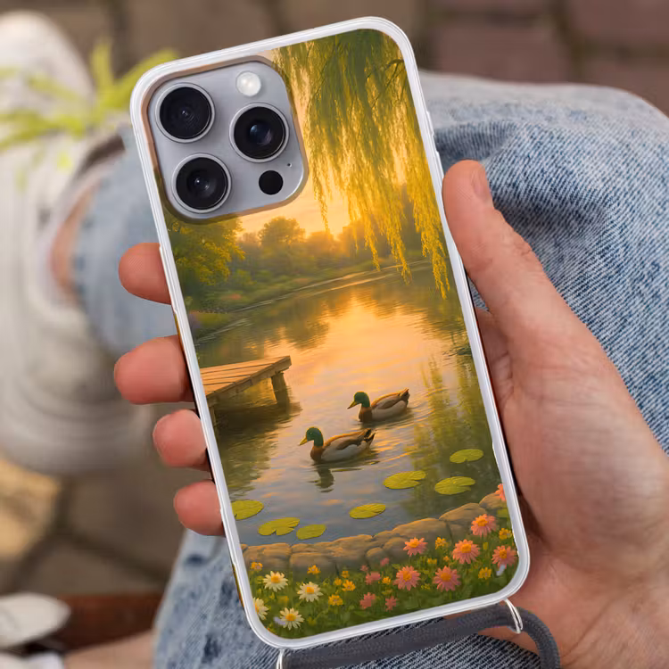 Eenden - Vijver - Bloemen Hoesje iPhone 16 Pro Max met koord klein -sfeer3