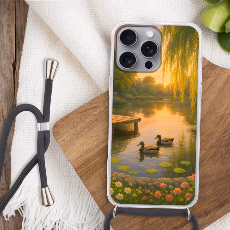 Eenden - Vijver - Bloemen Hoesje iPhone 16 Pro Max met koord klein -sfeer4