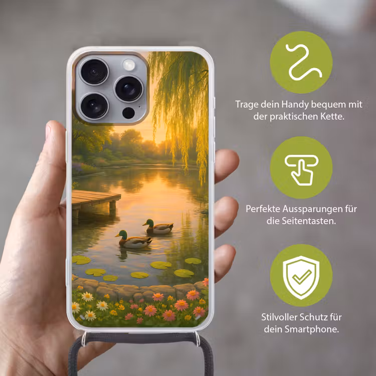Eenden - Vijver - Bloemen Hoesje iPhone 16 Pro Max met koord klein -sfeer2_DE
