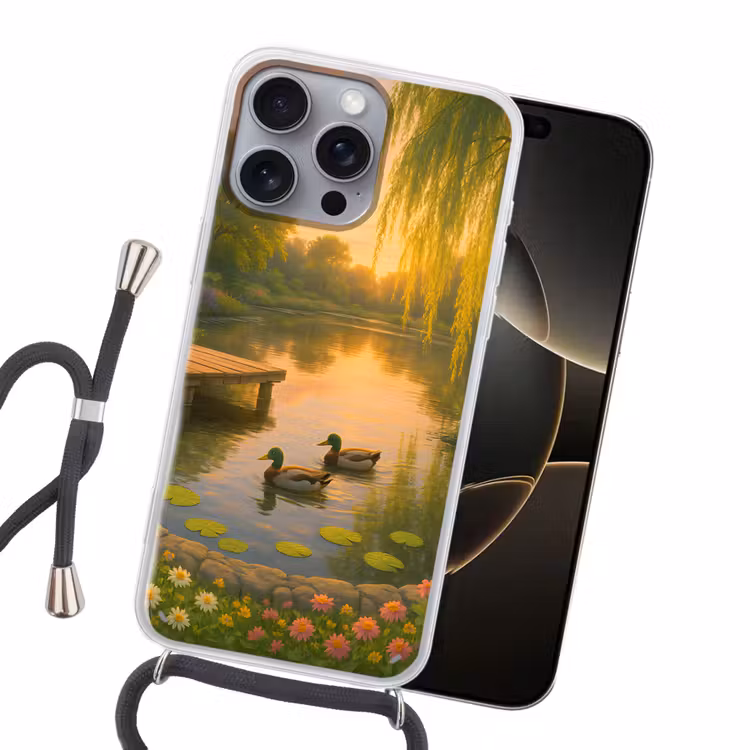 Eenden - Vijver - Bloemen Hoesje iPhone 16 Pro Max met koord klein -sfeer1