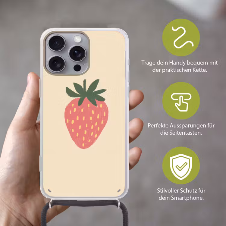 Aardbei - Minimalistisch - Rood - Fruit Hoesje iPhone 16 Pro Max met koord klein -sfeer2_DE