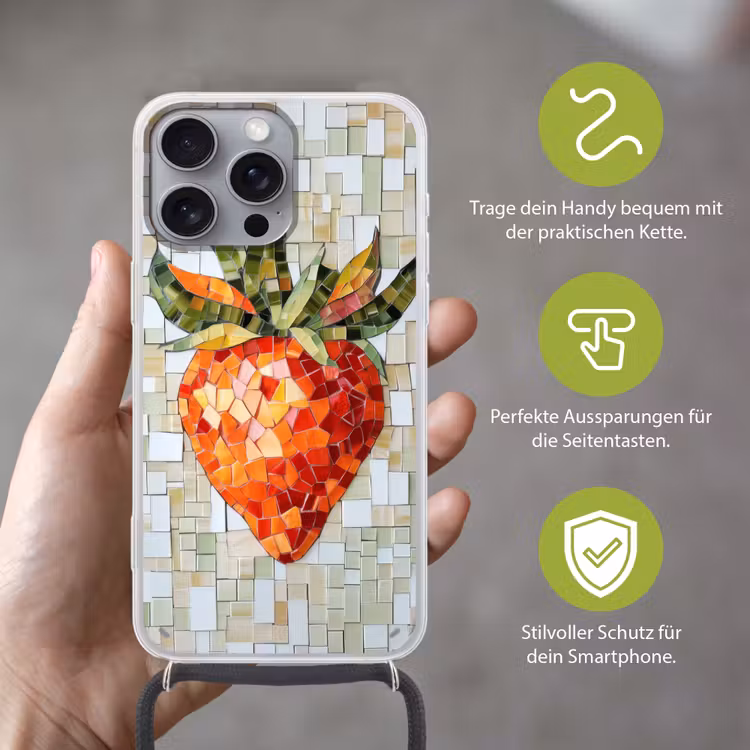 Aardbei - Rood - Mozaïek - Fruit Hoesje iPhone 16 Pro Max met koord klein -sfeer2_DE