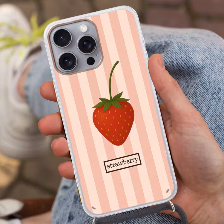 Aardbei - Strepen - Minimalistisch - Rood Hoesje iPhone 16 Pro Max met koord klein -sfeer3