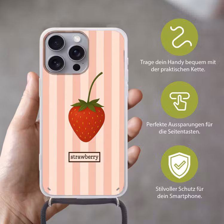 Aardbei - Strepen - Minimalistisch - Rood Hoesje iPhone 16 Pro Max met koord klein -sfeer2_DE