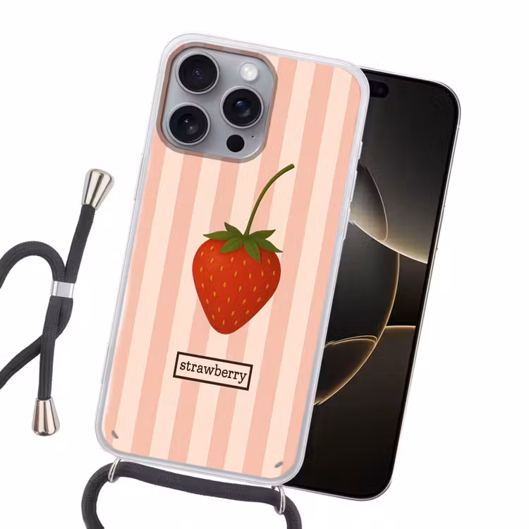 Aardbei - Strepen - Minimalistisch - Rood Hoesje iPhone 16 Pro Max met koord klein -sfeer1