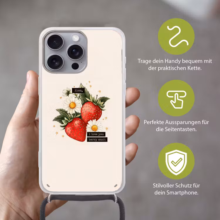 Aardbeien - Madeliefjes - Quote - Sterretjes Hoesje iPhone 16 Pro Max met koord klein -sfeer2_DE