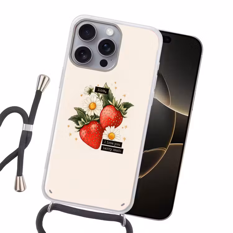 Aardbeien - Madeliefjes - Quote - Sterretjes Hoesje iPhone 16 Pro Max met koord klein -sfeer1