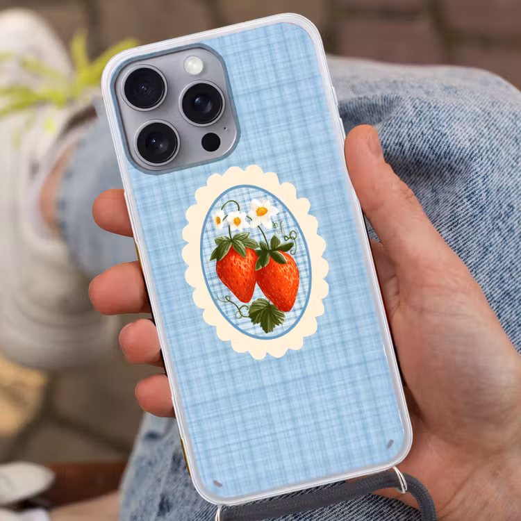 Aardbeien - Lijst - Rood - Geruit Hoesje iPhone 16 Pro Max met koord klein -sfeer3