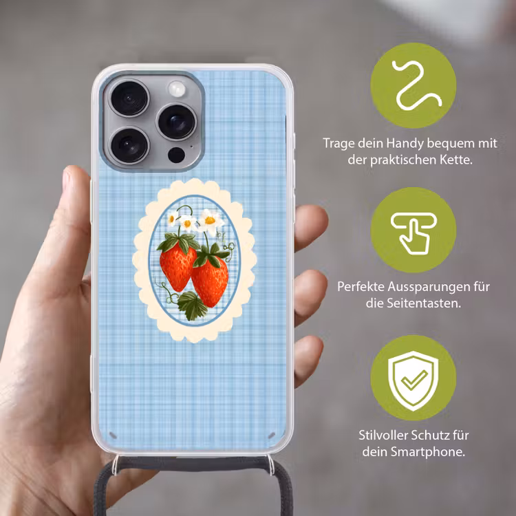 Aardbeien - Lijst - Rood - Geruit Hoesje iPhone 16 Pro Max met koord klein -sfeer2_DE