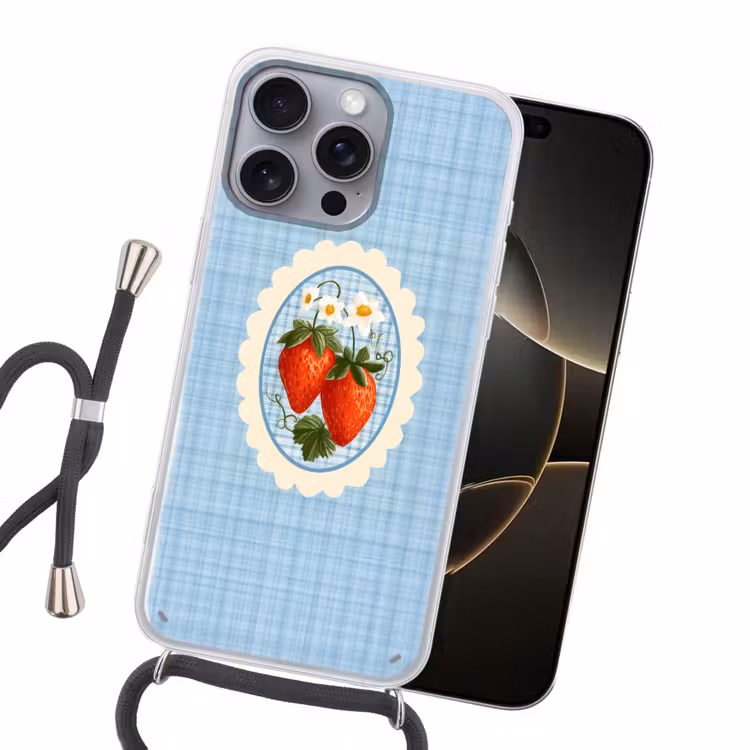 Aardbeien - Lijst - Rood - Geruit Hoesje iPhone 16 Pro Max met koord klein -sfeer1