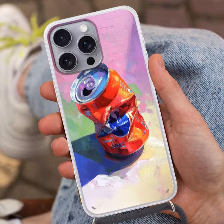 Frisdrank - Blik - Paars Hoesje iPhone 16 Pro Max met koord klein -sfeer3
