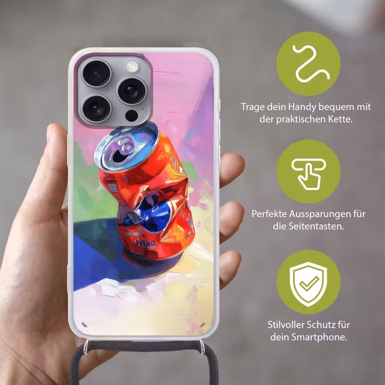 Frisdrank - Blik - Paars Hoesje iPhone 16 Pro Max met koord klein -sfeer2_DE