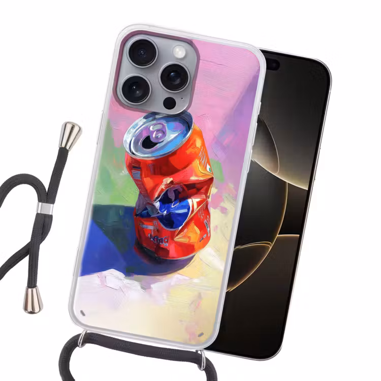 Frisdrank - Blik - Paars Hoesje iPhone 16 Pro Max met koord klein -sfeer1