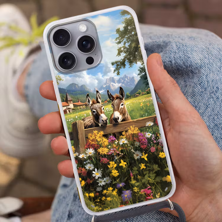 Ezels - Bloemen - Zomers Hoesje iPhone 16 Pro Max met koord klein -sfeer3