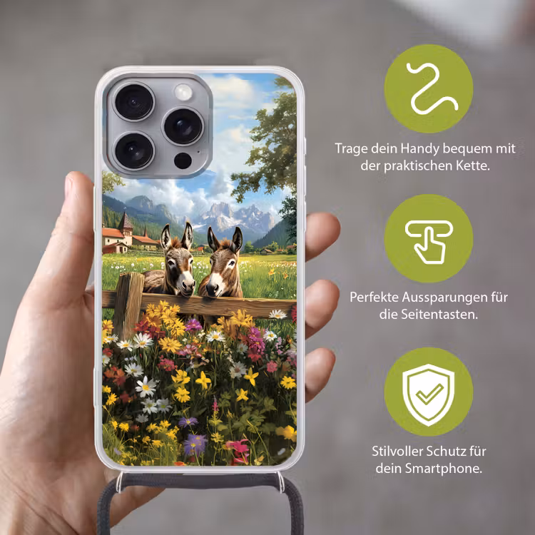 Ezels - Bloemen - Zomers Hoesje iPhone 16 Pro Max met koord klein -sfeer2_DE