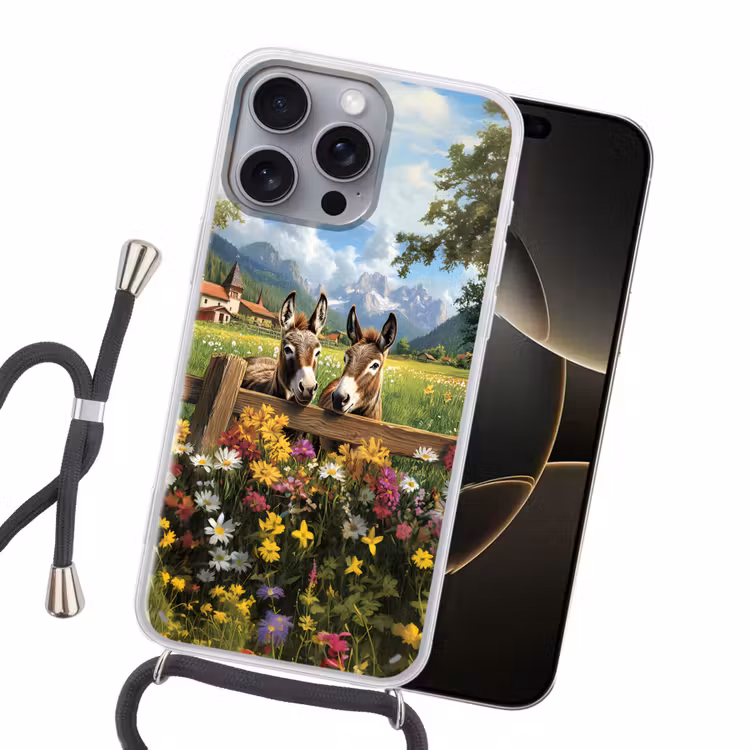 Ezels - Bloemen - Zomers Hoesje iPhone 16 Pro Max met koord klein -sfeer1