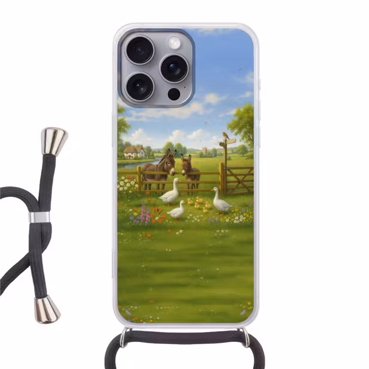 Ezels - Ganzen - Kleurrijk Hoesje iPhone 16 Pro Max met koord klein -3d