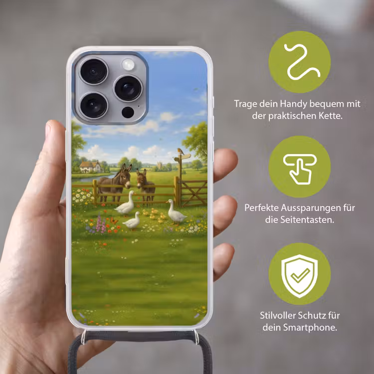 Ezels - Ganzen - Kleurrijk Hoesje iPhone 16 Pro Max met koord klein -sfeer2_DE