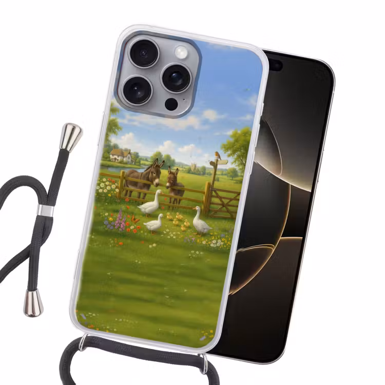 Ezels - Ganzen - Kleurrijk Hoesje iPhone 16 Pro Max met koord klein -sfeer1