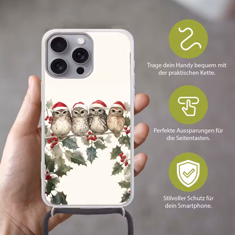 Uilen - Tak - Hulstblaadjes - Kerstmuts Hoesje iPhone 16 Pro Max met koord klein -sfeer2_DE