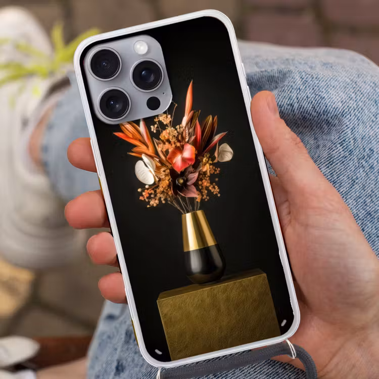 Exotisch - Boeket - Vaas - Goud Hoesje iPhone 16 Pro Max met koord klein -sfeer3