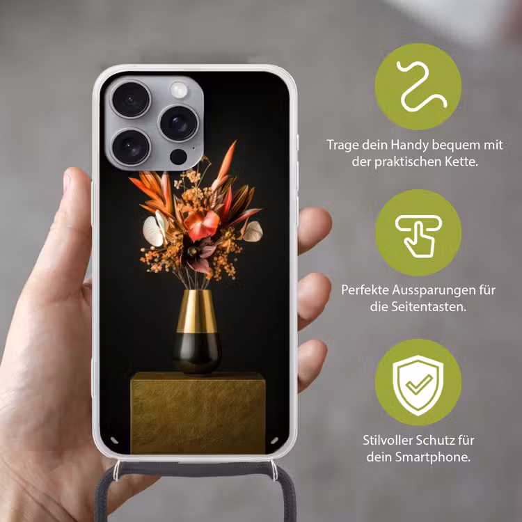 Exotisch - Boeket - Vaas - Goud Hoesje iPhone 16 Pro Max met koord klein -sfeer2_DE