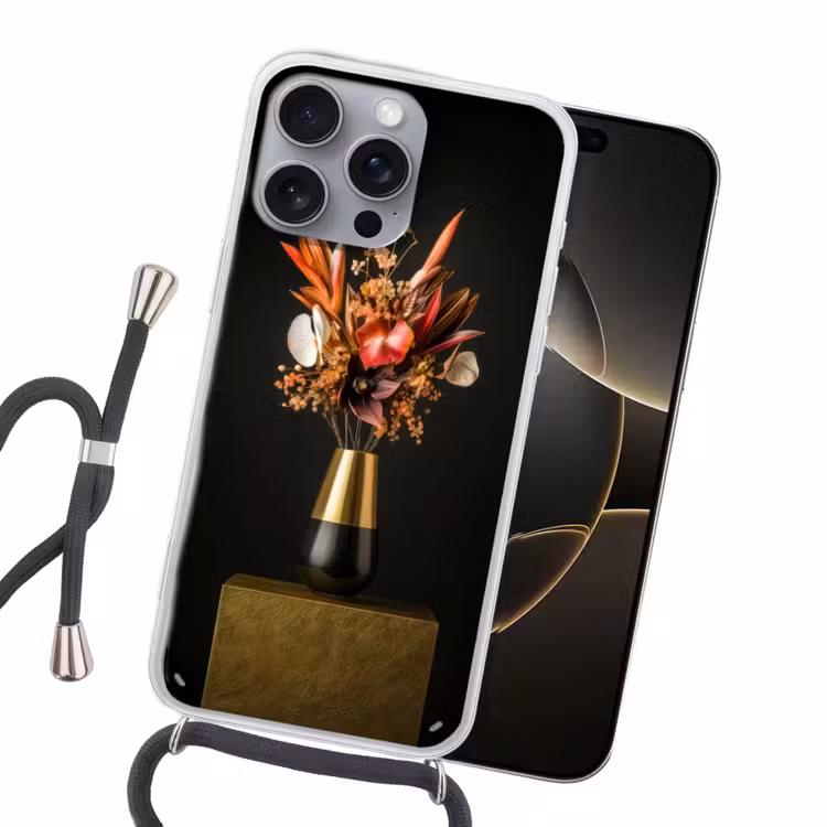 Exotisch - Boeket - Vaas - Goud Hoesje iPhone 16 Pro Max met koord klein -sfeer1