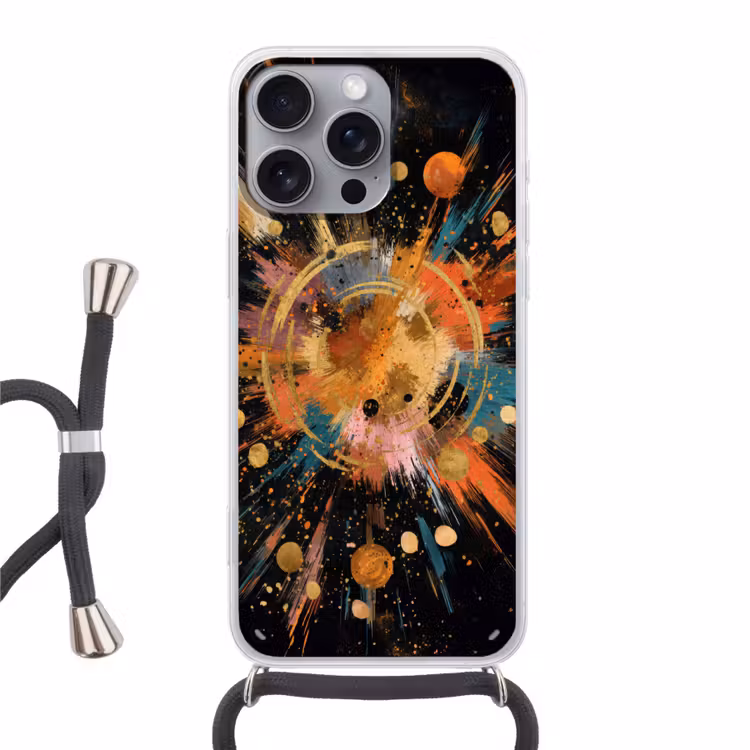 Explosie - Verfstructuur - Goud - Abstract Hoesje iPhone 16 Pro Max met koord klein -3d