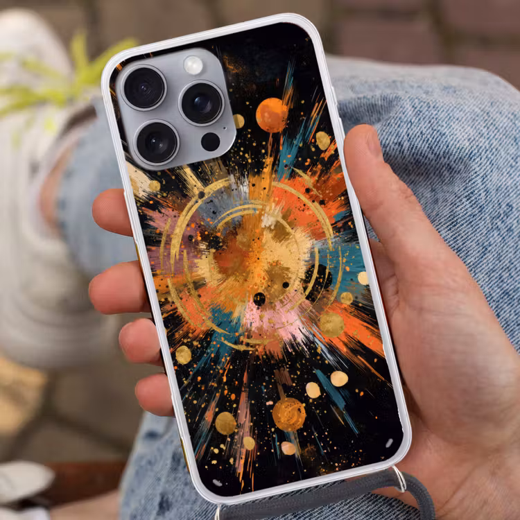 Explosie - Verfstructuur - Goud - Abstract Hoesje iPhone 16 Pro Max met koord klein -sfeer3