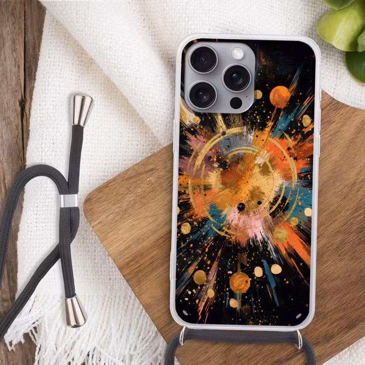 Explosie - Verfstructuur - Goud - Abstract Hoesje iPhone 16 Pro Max met koord klein -sfeer4