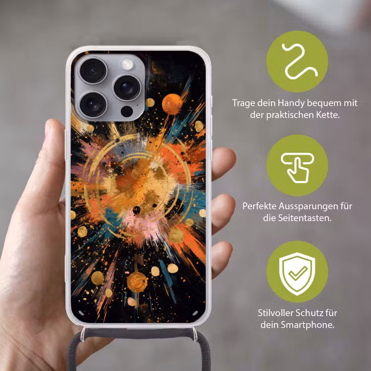 Explosie - Verfstructuur - Goud - Abstract Hoesje iPhone 16 Pro Max met koord klein -sfeer2_DE