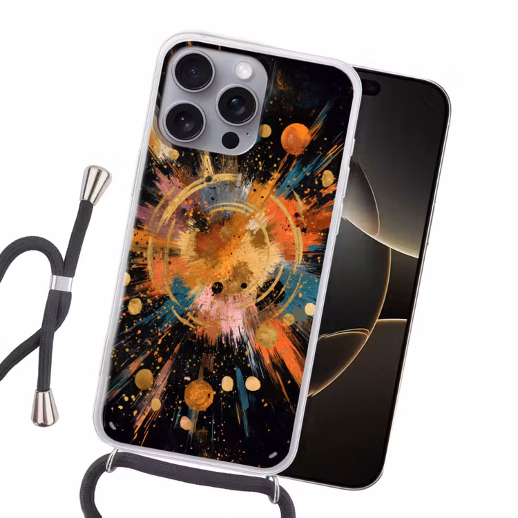 Explosie - Verfstructuur - Goud - Abstract Hoesje iPhone 16 Pro Max met koord klein -sfeer1