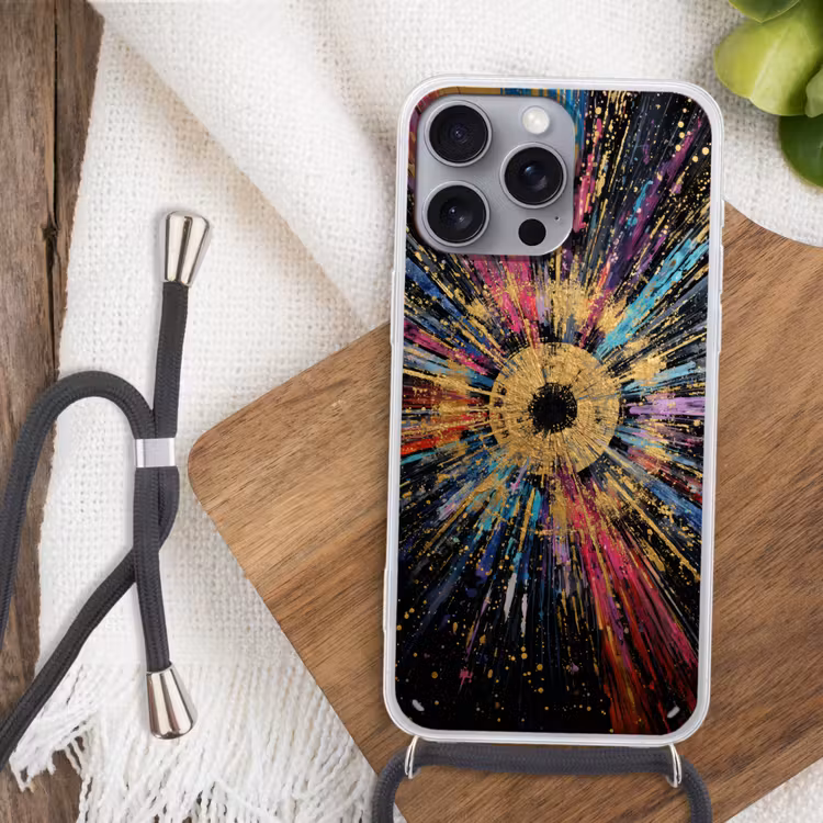 Explosie - Goud - Kleurrijk - Abstract Hoesje iPhone 16 Pro Max met koord klein -sfeer4